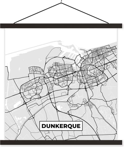 Posterhanger incl. Poster 60x60 cm - Schoolplaat - Kaart - Stadskaart - Dunkerque - Plattegrond - Frankrijk - Textielposter - Zwarte latten - Stadskaart