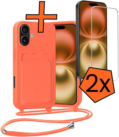 Hoesje Geschikt voor iPhone 16 Plus Hoesje Met Telefoonketting Pasjeshouder Case Met 2x Screenprotector Koord - Hoesje Geschikt voor iPhone 16 Plus Hoes Met Kaarthouder - Papaya