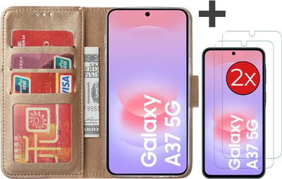 Hoesje met 2 Stuks Screenprotectors Geschikt voor Samsung Galaxy A37 – Arara bookcase met pasjeshouder - Goud