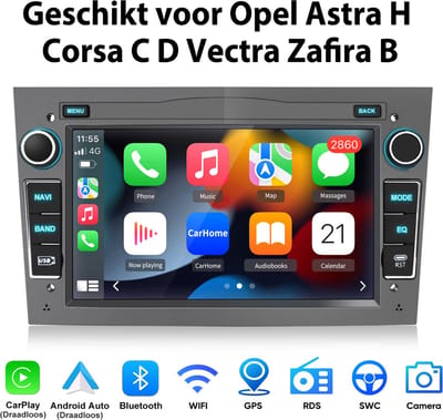 Junsun Android 15 Autoradio Geschikt Voor Opel Astra H Corsa C D Vectra C Zafira Accessoires, Draadloze CarPlay met bluetooth, Stuurwielbediening，DAB+, GPS-Navigatie, Bluetooth, WIFI, 7 inch Touchscreen, 2GB+64GB, DSP, Quad-core processor, grijs