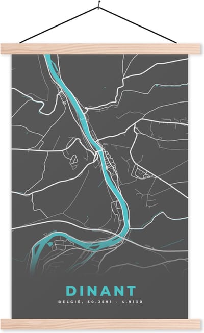 Posterhanger incl. Poster 40x60 cm - Schoolplaat - Plattegrond – Dinant – Blauw – Stadskaart - Kaart - Textielposter - Blanke latten - Stadskaart