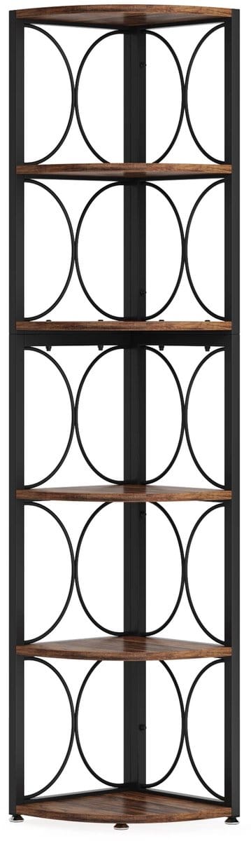 Hutjemutje - stellingkast - boekenkast - hoekkast - boekenrek - hoekmeubel - 6 tier - 32 x 32 x 170 cm - industrieel - zwart - bruin
