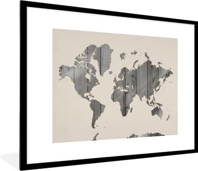 Poster in lijst - Fotolijst 80x60 cm - Posters - Wereldkaart - Hout - Plank - Posterlijst zwart - Decoratie - Wanddecoratie woonkamer - Muurdecoratie slaapkamer