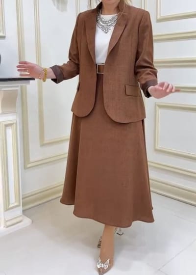 Damespak, jas, rokset, zakelijke kledij, formele stijl, 2-delig, lange mouwen, hoge taille, A-lijn, midi, voor kantoor