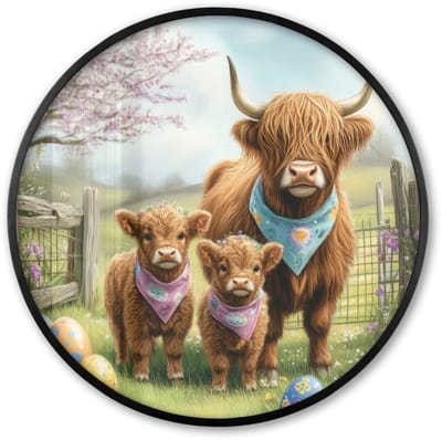 Poster in lijst Rond - Fotolijst 60x60 cm - Posters - Schotsehooglanders - Paaseieren - Lente - Ronde posterlijst zwart - Decoratie - Wanddecoratie woonkamer - Muurdecoratie slaapkamer