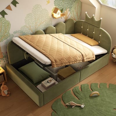 DESMIU Kinderbed 90 x 200 cm Speels Kroon En Raster Met Hydraulische Opbergruimte Voor Gastenkamer En Kleine Ruimtes Fluweel Groen Zonder Matras