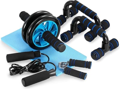 Fitness set - Opdruksteunen - Ab roller/Buikspieren Trainings Wiel - Springtouw - Handknijper - Matje