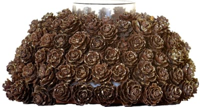 Gouden Kerststuk met Waxinelichthouder Ø 15 cm – Rond Tafelstuk met Dennenappels en Glazen Theelichthouder – Landelijke Kerstdecoratie voor Tafel, Kast en Vensterbank