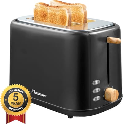 Bestron Broodrooster ATO850BW - 800W - 7 Bruiningsniveau's - 2 Broodsleuven voor 2 boterhammen - Zwart/Hout - 5 jaar garantie