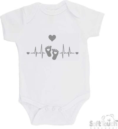 100% Katoenen Romper "Hartslag voetjes" Unisex Katoen Wit/grijs Maat 62/68