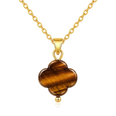 Bixorp Tijgeroog Klavertje Vier Ketting - Stainless Steel Goudkleurig - Geluksklaver Bedel - Chakra Schakelketting - 45cm + 5cm verstelbaar