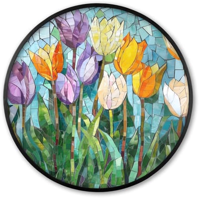 Poster in lijst Rond - Fotolijst 60x60 cm - Posters - Mozaïek - Veld - Tulpen - Kleurrijk - Ronde posterlijst zwart - Decoratie - Wanddecoratie woonkamer - Muurdecoratie slaapkamer