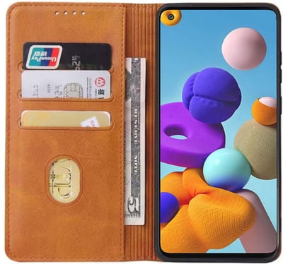 Smartphonica Samsung Galaxy A21 kunstleren hoesje met magnetische sluiting en pashouders book case - Bruin geschikt voor Samsung Galaxy A21