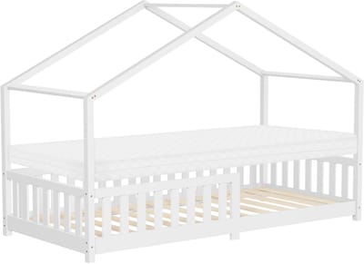 Kinderbed Huisbed 90x200 cm wit gemaakt van dennenhout met matras H:10cm uitvalbescherming en lattenbodem ML-Design