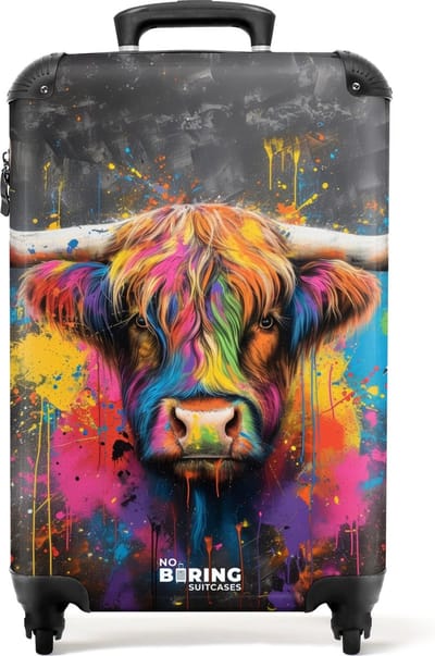 NoBoringSuitcases.com® - Handbagage koffer lichtgewicht - Reiskoffer trolley - Schotse hooglander als graffiti art - Rolkoffer met wieltjes - Past binnen 55x40x20 en 55x35x25