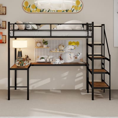 VVBV Ruimtebesparende Hoogslaper 90x190 cm met Opbergruimte, Bureau - Wit