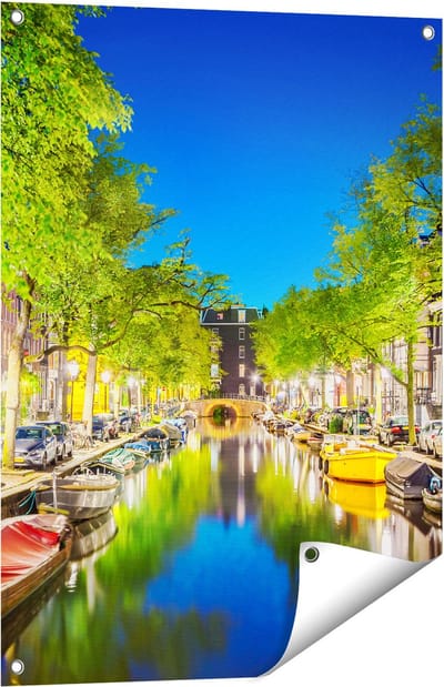 Gards Tuinposter Amsterdamse Gracht in de Nacht - 60x80 cm - Tuindoek - Tuindecoratie - Wanddecoratie buiten - Tuinschilderij