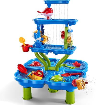 Frasco® Zandtafel en Watertafel Kinderen – 4-Laags XXL Waterspeeltafel met Waterval – Inclusief Speelaccessoires – Zandtafel & Watertafel – Buitenspeelgoed Tuin, Strand & Balkon – Vanaf 3 Jaar
