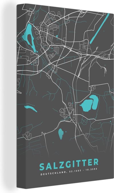 Canvas Schilderij Stadskaart – Kaart – Salzgitter – Blauw – Duitsland – Plattegrond - 20x30 cm - Wanddecoratie