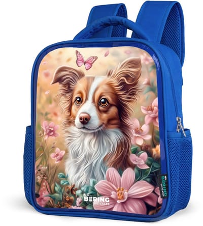 NoBoringSuitcases.com® - Rugzak blauw - Schooltas jongens - Hond in bloemenveld met vlinders - Kinder rugtas jongen - Boekentas kind - Kinderrugzak voor school - Schoolrugzak