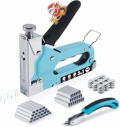 RUX® Nietpistool - 3-in-1 Hout Nietmachine – Handtacker Met verstelbare schietkracht - Tacker Inclusief Klemverwijderaar – Inclusief 3000 Nietjes - Blauw - 19cm x 18cm x 4cm