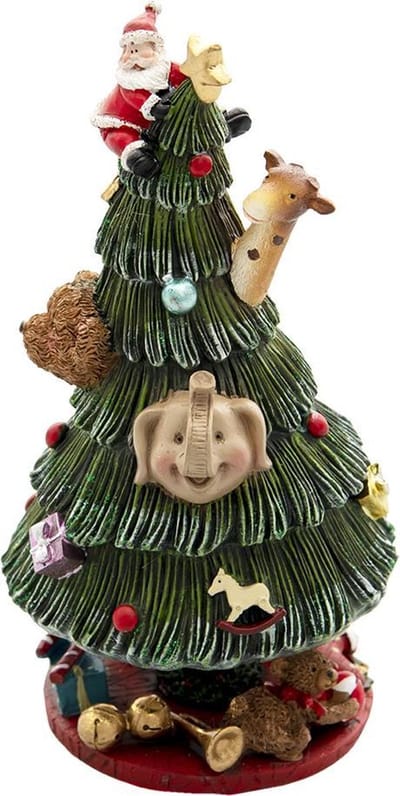 Clayre & Eef Muziekdoos Kerstboom Ø 12x24 cm Groen Rood Kunststof Kerstdecoratie Beeld Decoratief Figuur Decoratieve Accessoires