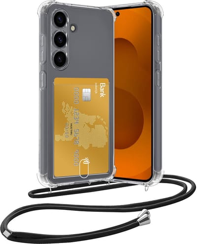 Hoesje Geschikt voor Samsung S25 Hoesje Met Telefoonketting Pasjeshouder Shockproof Case Koord - Hoesje Geschikt voor Samsung Galaxy S25 Hoes Met Kaarthouder - Transparant