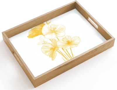 Dienblad hout 40x30 cm - Schootdienblad - Lijntekening - Bloemen - Geel - Vaas - Borrelplank rechthoek - Plateau dienbladen