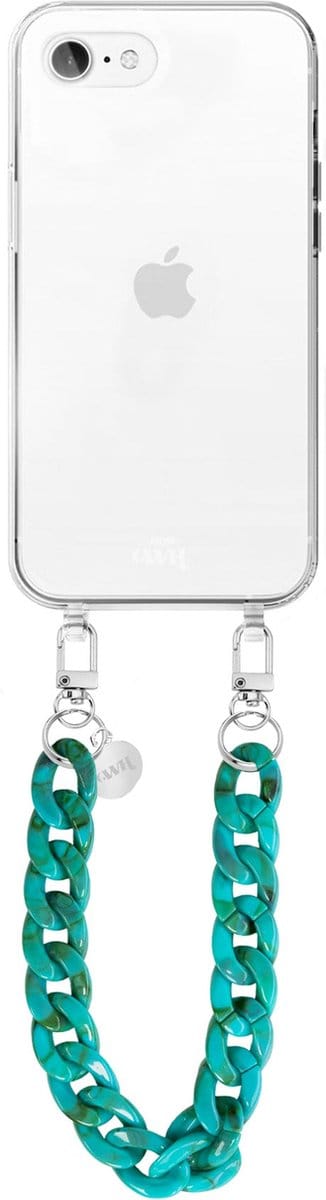 xoxo Wildhearts siliconen hoesje - Geschikt voor iPhone 7/8 Plus - Blue Ocean - Telefoonhoesje - Hoesje met koord - Blauw koord - kort telefoonkoord - Transparant hoesje (korte variant)