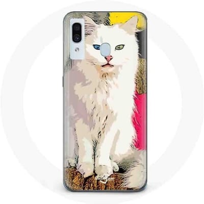 Coque pour Samsung Galaxy A20 Turc de Van Chat Blanc aux yeux bleu et jaune