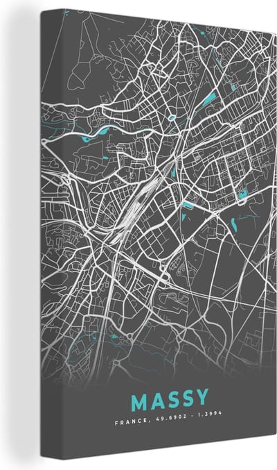Canvas Schilderij Massy - Frankrijk - Plattegrond - Kaart - Stadskaart - 20x30 cm - Wanddecoratie