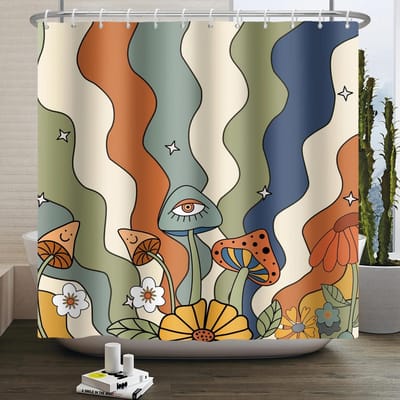 Retro Boho Douchegordijn - Levendige 70s Bloem- en Paddenstoelontwerpen Voor Gezellige Badkamerinrichting, Waterdicht, Makkelijk Onderhoud & Groovy Sferen W60H190(CM)-1 Pcs