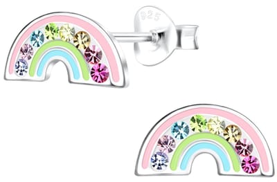 Joy|S - Zilveren regenboog oorbellen - 10 x 5 mm - roze groen blauw - met kristal - kinderoorbellen