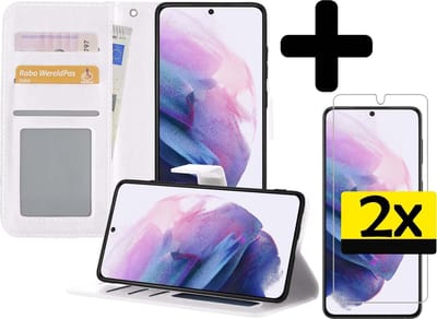 Hoesje - Met 2x Screenprotector - Geschikt voor Samsung Galaxy S21 Plus - Luxe Pasjeshouder - Bookcase Portemonee - Flip Case - Kunstleer Book Case - Flipcase Hoes - Book Cover - Walletcase - Portemonneehoes - Telefoonhoesjes - Wit
