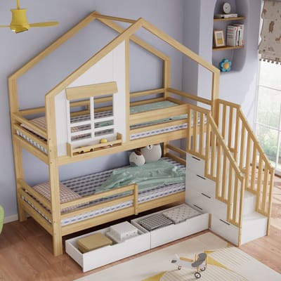 OKWISH Stapelbed 90x200 cm - Opbergtrap en 2 Laden - Veilig Kinderbed met Raamdetails - Hout - Wit Naturel - Zonder Matras