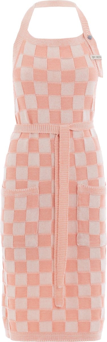 Knit Factory Gebreide Keukenschort Dames & Heren - Kookschort - Kokssloof - Keukensloof - Koksschort - Barbecue schort Block - Ecru/Apricot - Roze - One Size - Met steekzakken