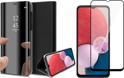 Hoesje geschikt voor Samsung Galaxy A13 4G - Book Case Spiegel Wallet Cover Hoes Zwart - Full Tempered Glass Screenprotector