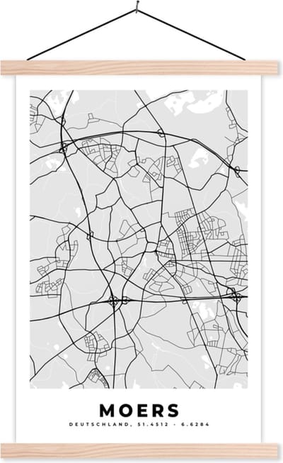 Posterhanger incl. Poster 40x60 cm - Schoolplaat - Kaart - Moers - Duitsland - Stadskaart - Plattegrond - Textielposter - Blanke latten - Stadskaart