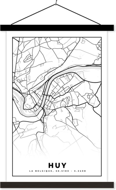 Posterhanger incl. Poster 40x60 cm - Schoolplaat - Stadskaart – Plattegrond – België – Zwart Wit – Huy – Kaart - Textielposter - Zwarte latten - Stadskaart