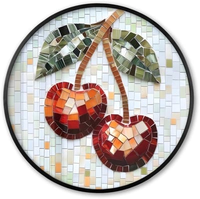 Poster in lijst Rond - Fotolijst 60x60 cm - Posters - Kersen - Rood - Mozaïek - Blaadjes - Ronde posterlijst zwart - Decoratie - Wanddecoratie woonkamer - Muurdecoratie slaapkamer