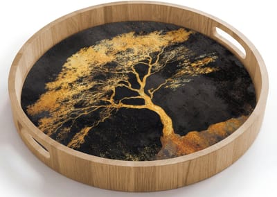 Dienblad rond 40x40 cm - Schootdienblad hout - Boom - Schilderij - Goud - Abstract - Borrelplank rechthoek - Plateau houten dienbladen