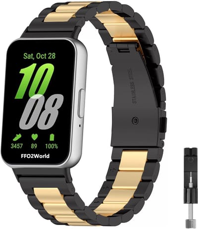 Stravo Stalen schakel bandje - geschikt voor Samsung Galaxy Fit 3 - Metalen RVS bandje - Zwart / goud (Inclusief inkort toolkit)