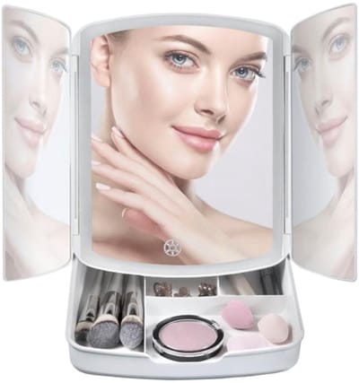IBBO® - Make-up spiegel met verlichting - Make-up Spiegel met Organizer - Led - Makeup Opbergdoos - Make up koffer - Oplaadbaar - 3 Dimbare Lichtstanden - met Kleine spiegel X5 - 4-in-1 - Wit