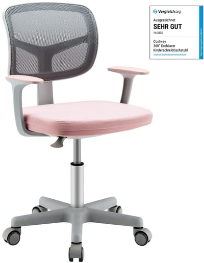 COSTWAY 360° draaibare kinderbureaustoel, 80-91,5 cm, in hoogte verstelbare jeugdstoel met rugleuning en armleuningen, computerstoel met 5 wielen, voor kinderen van 3 tot 10 jaar oud, roze
