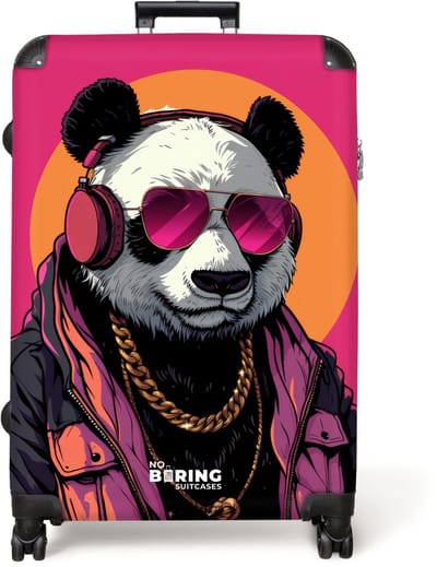 NoBoringSuitcases.com® - Koffer groot - Reiskoffer lichtgewicht - Panda met koptelefoon, zonnebril en gouden ketting - Rolkoffer met 4 wielen - Grote trolley XL - 98 liter bagage