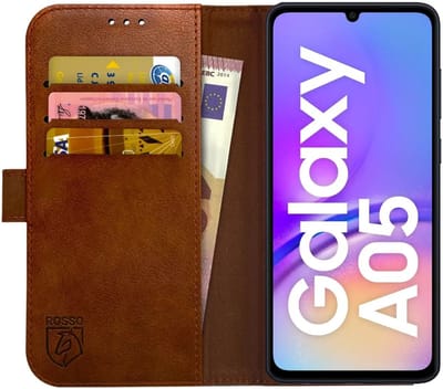 Rosso Element Book Case Wallet Hoesje Geschikt voor Samsung Galaxy A05 | Portemonnee | 3 Pasjes | Magneetsluiting | Stand Functie | Bruin