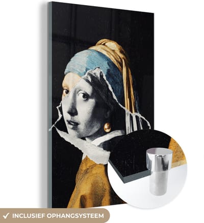 MuchoWow® Glasschilderij 40x60 cm - Schilderij acrylglas - Meisje met de parel - Goud - Zwart - Wit - Foto op glas - Schilderijen