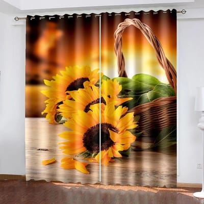 3d Zonnebloem Met Zon Moderne Verduisteringsgordijnen Voor Woonkamer Slaapkamer Gordijn Cortinas Para La Sala Keuken Jaloezieën Gordijnen W50xH130(CM)x2PCS-Grommet Top