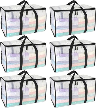 BALEINE 6-pack oversized verhuiszakken, versterkte handgrepen, zware plastic opbergbakken, helder, 6-pack