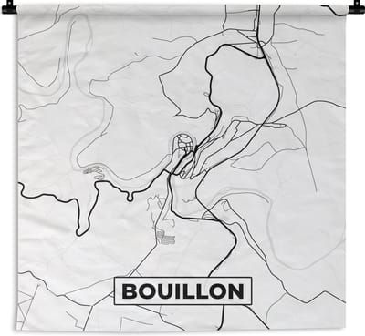 Wandkleed - Wanddoek - België – Bouillon – Stadskaart – Kaart – Zwart Wit – Plattegrond - 180x180 cm - Wandtapijt